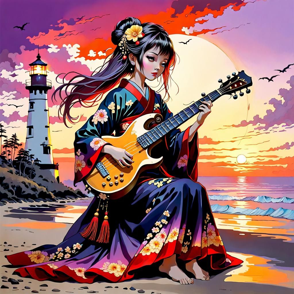 Japanese Princess Plays Sitar on Sunset Beach