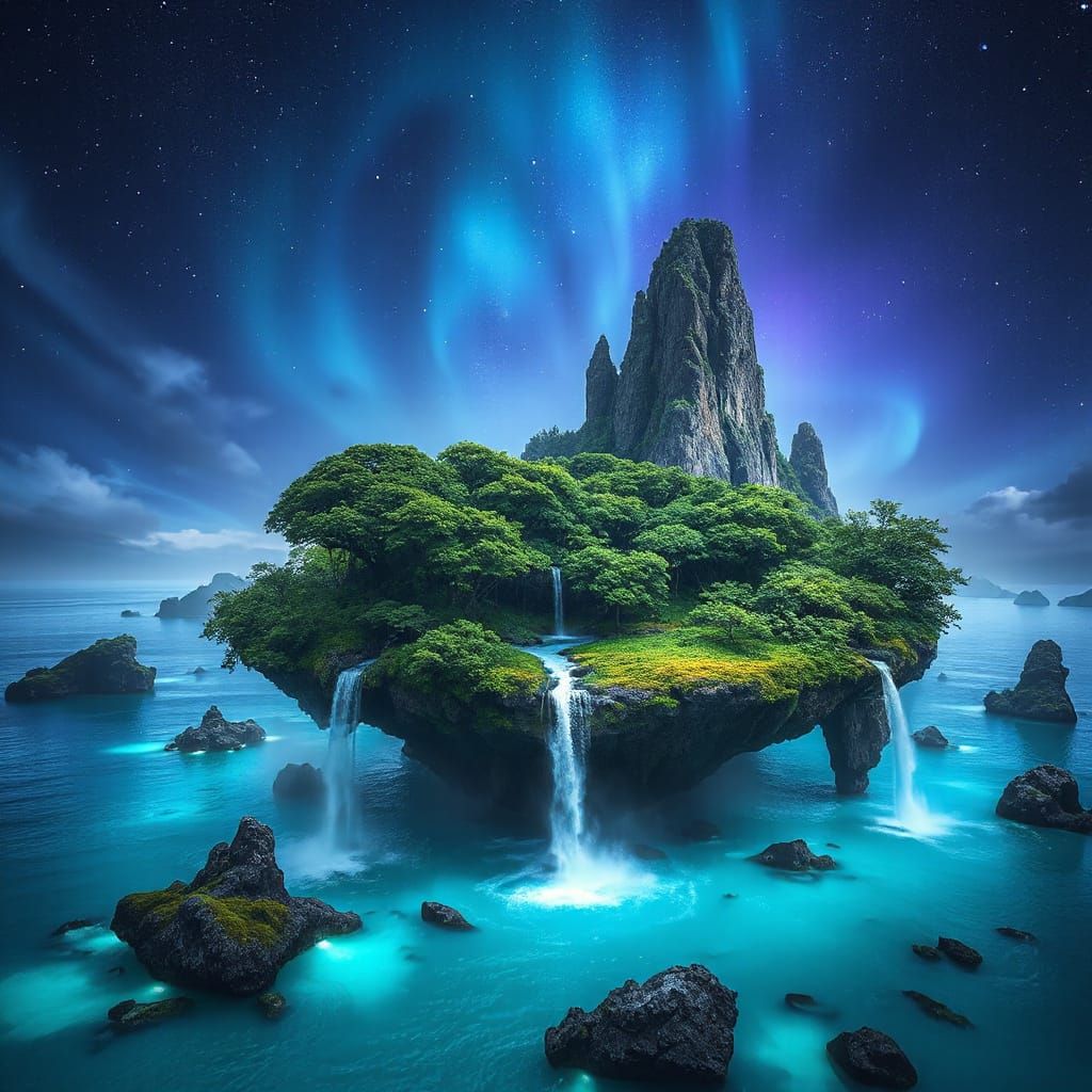 Majestic Floating Island Above Glowing Ocean in Fantasy Art ...