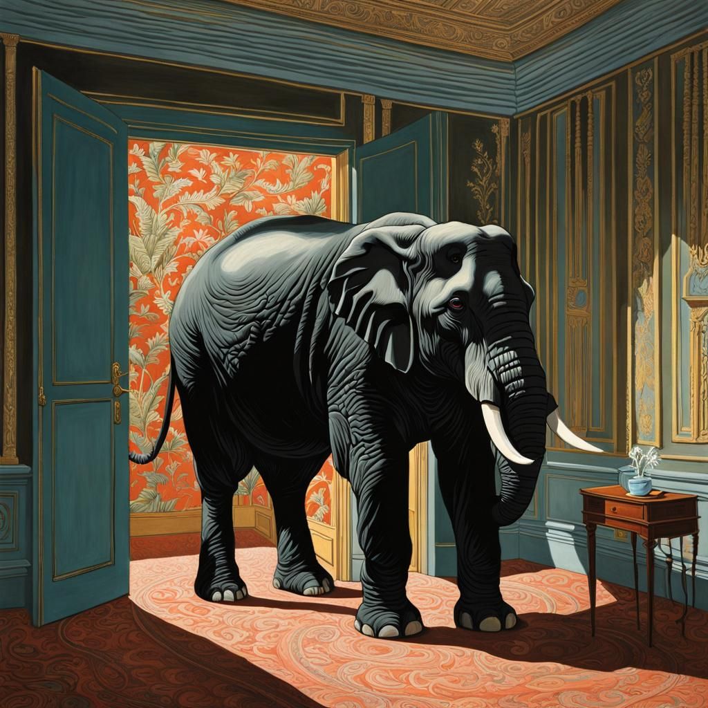 Elephant in Cramped Room: Surreal Gouache Painting