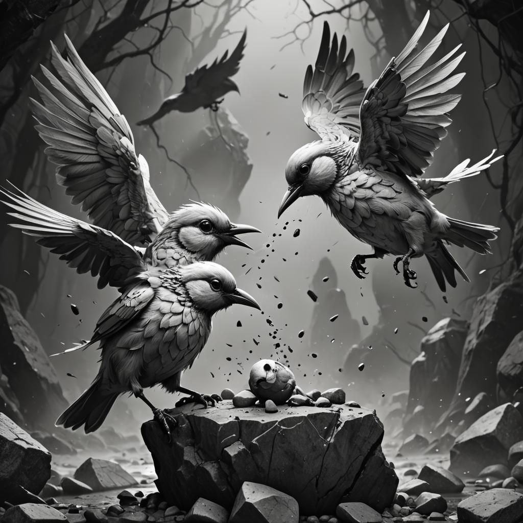 Monochrome Birds Fight Over Stone: Digital Art