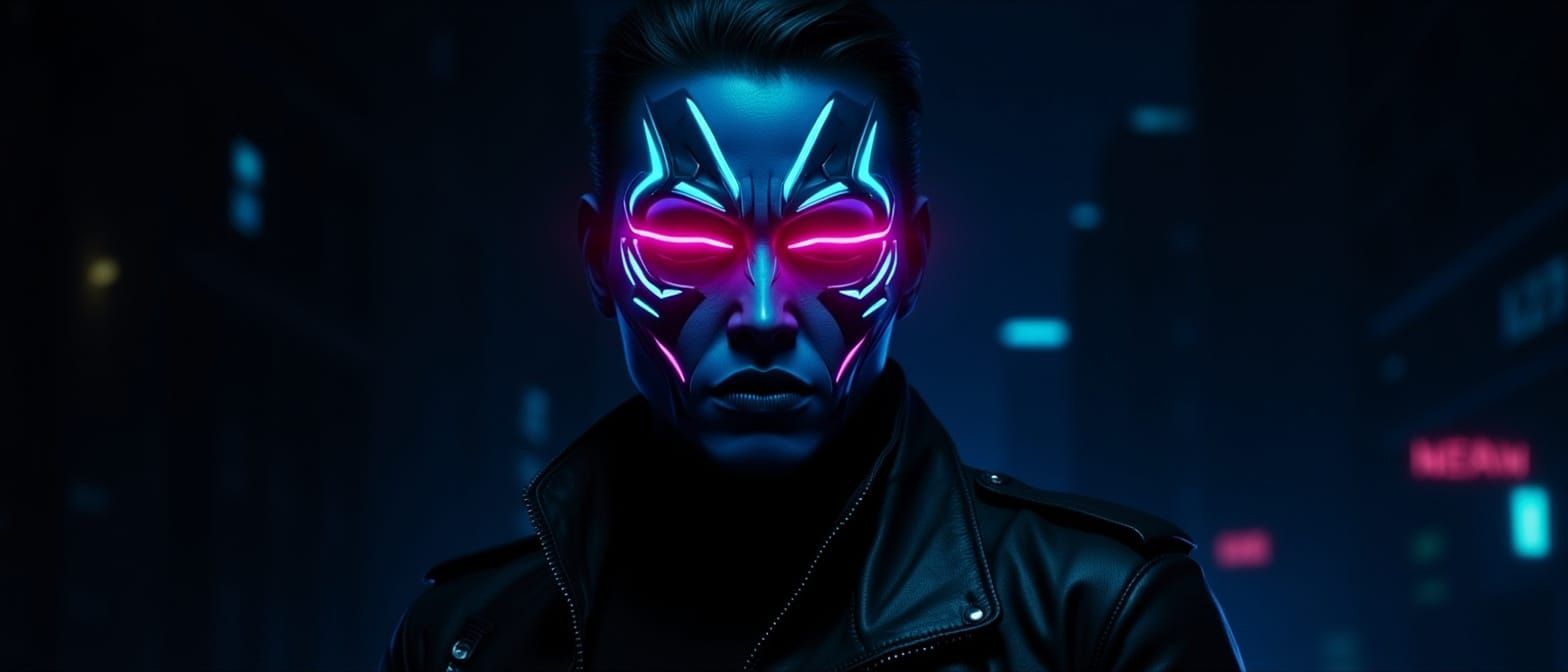 Cyberpunk Hacker with Neon Oni Mask in Dystopian City