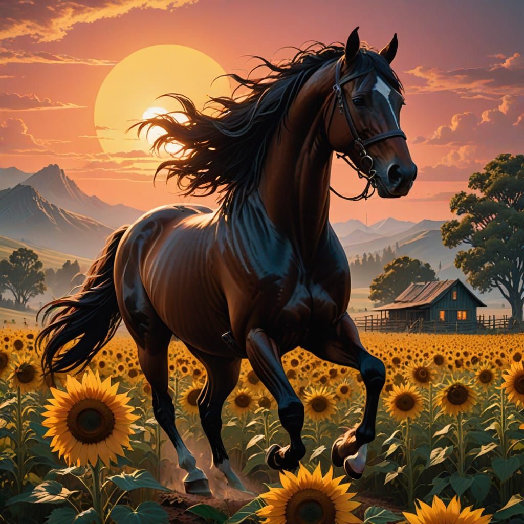 Ethereal Horse Streaks Through Vibrant Sunflower Field