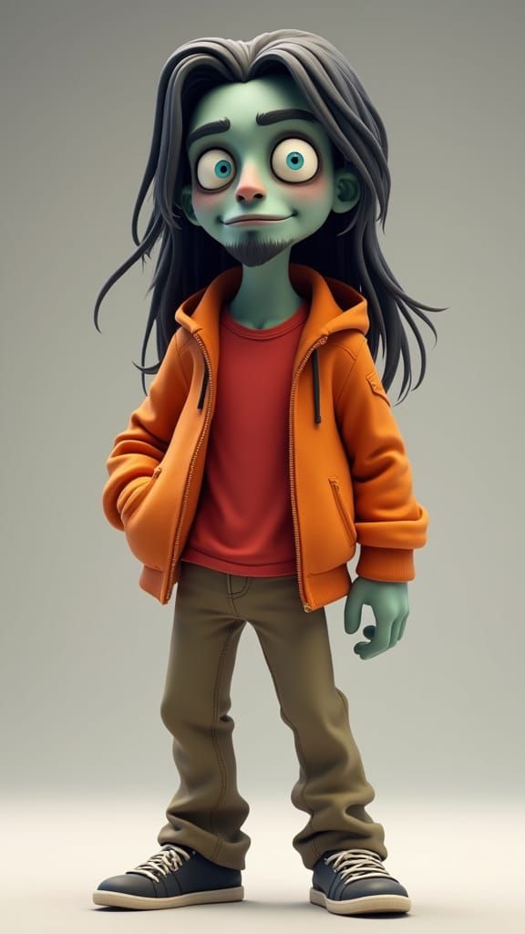 Friendly Zombie in Vibrant Orange Jacket Smiles Tall