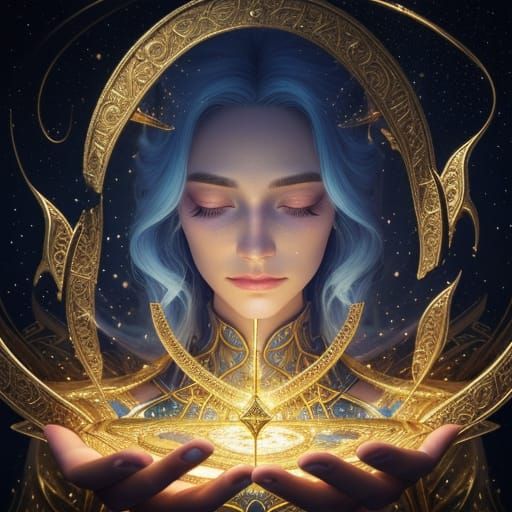 Surreal Gold Magic Portrait with Runes and Stardust
