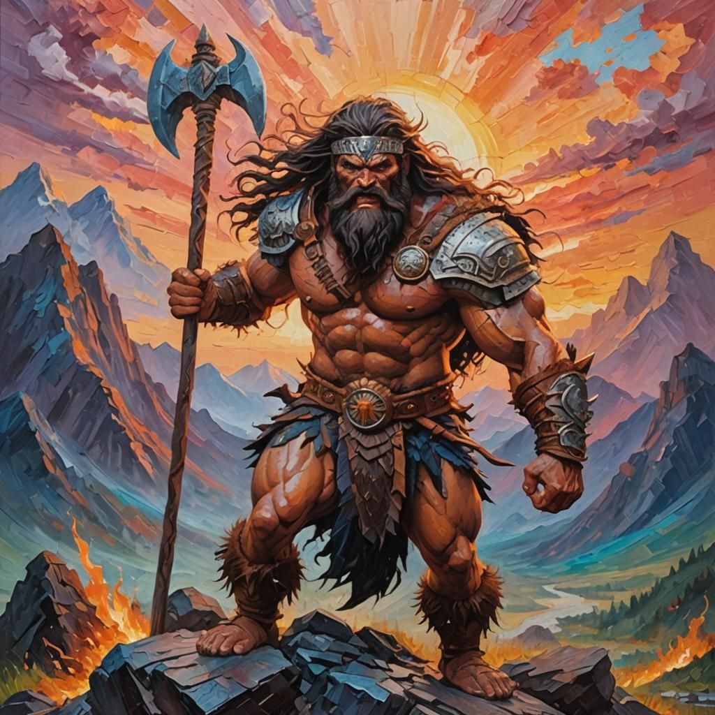 Barbarian Chieftain Thorgar: Impasto Oil Painting at Sunrise