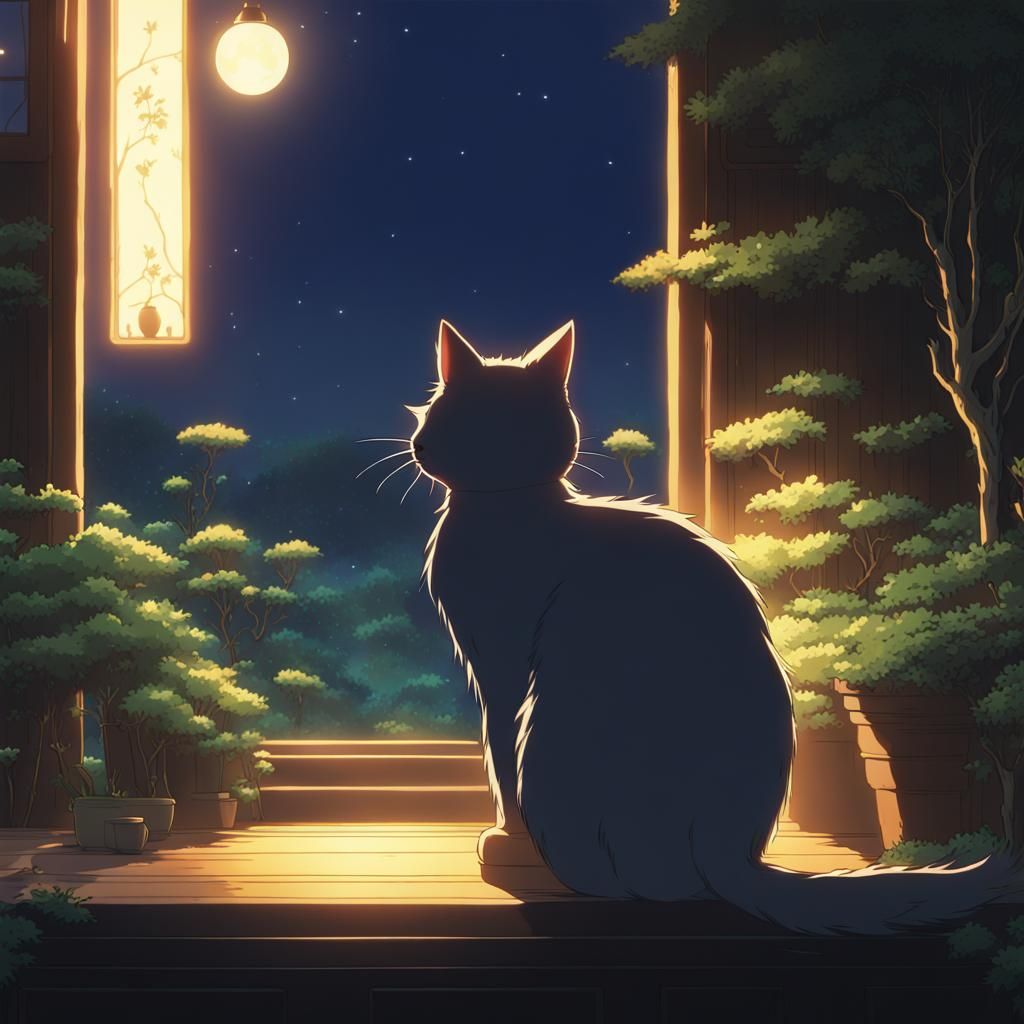 Glowing Cat at Night: Studio Ghibli Anime Visual