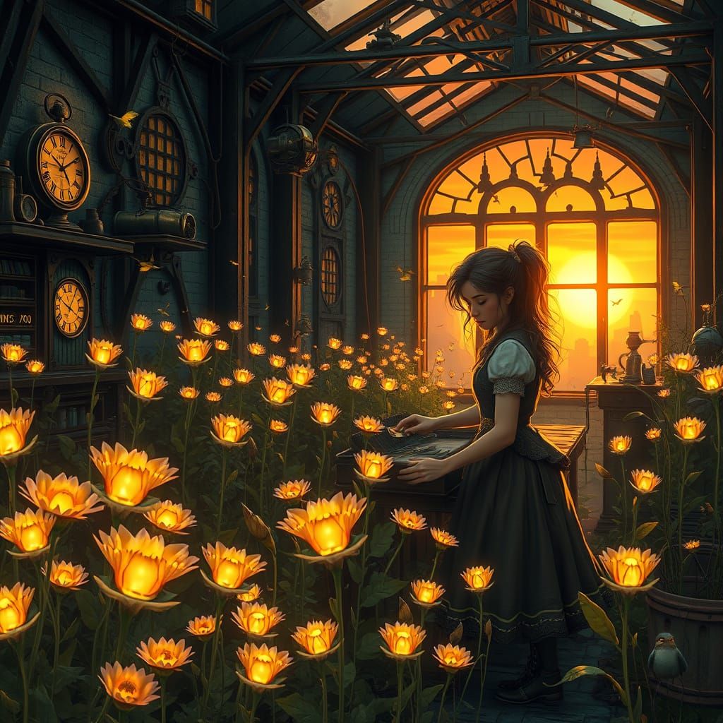 Whimsical Garden of Clockwork Flowers at Sunset
