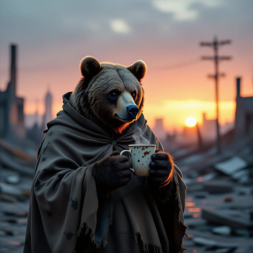 Grizzled Bear in Poncho in Post-Apocalyptic City Ruins