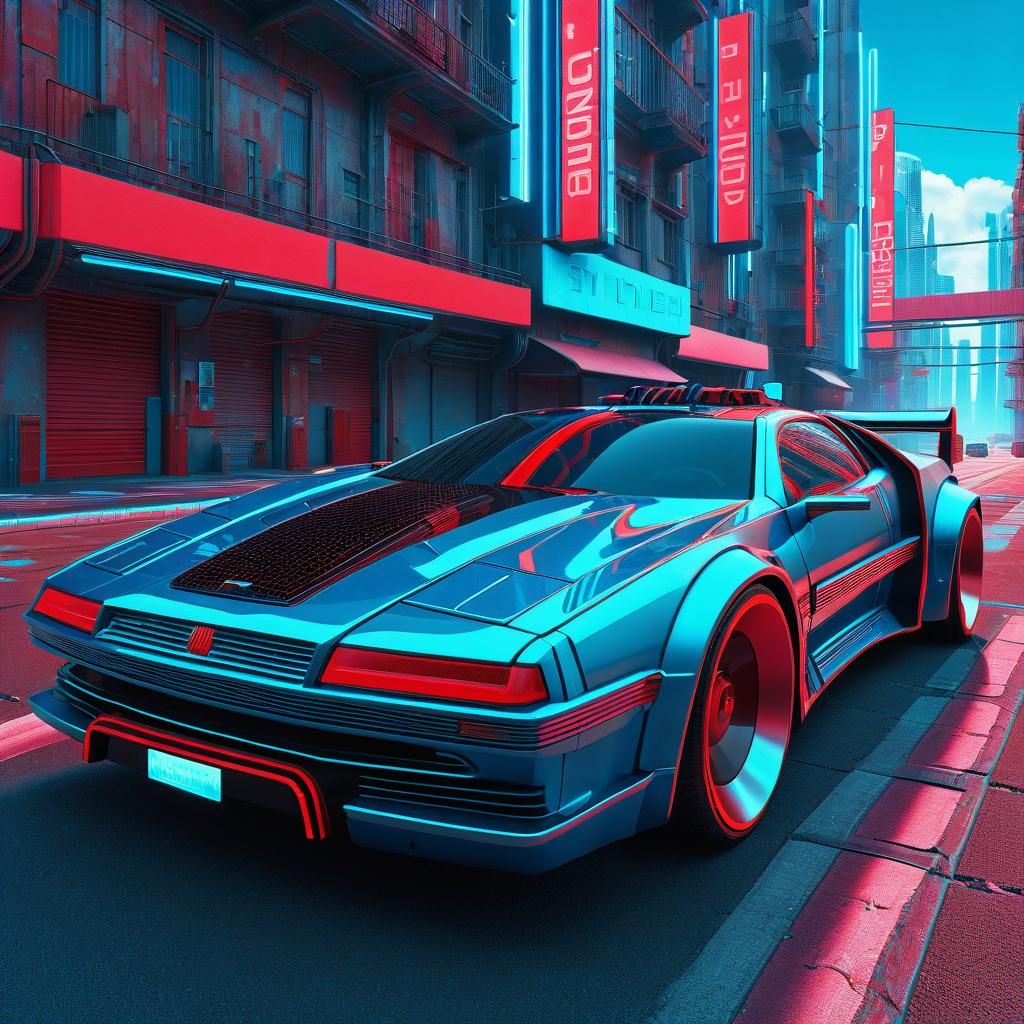 Cyberpunk Car in Futuristic City in Anaglyph 3D