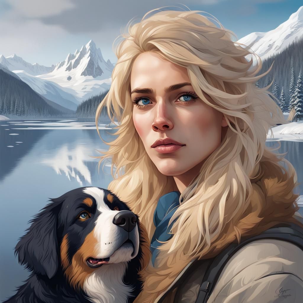 Swedish Woman and Dog Portrait in Winter Landscape