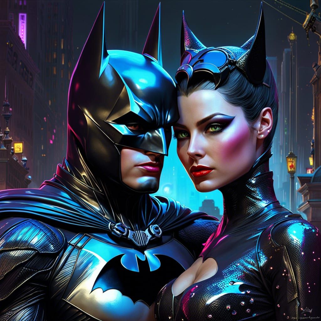 Batman and Catwoman in Neon Latex Suits