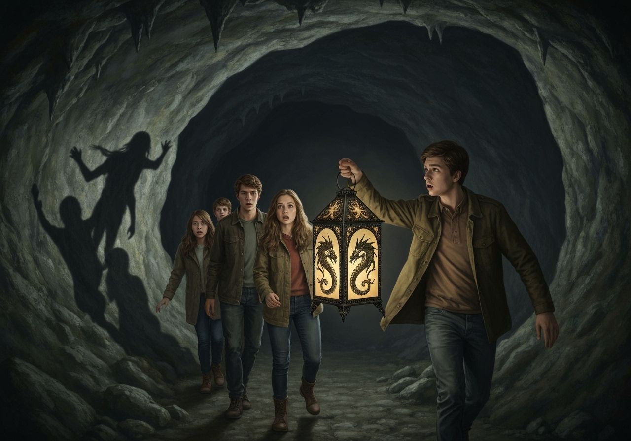 Frightened Youths in Dark Cavern with Ghostly Figures