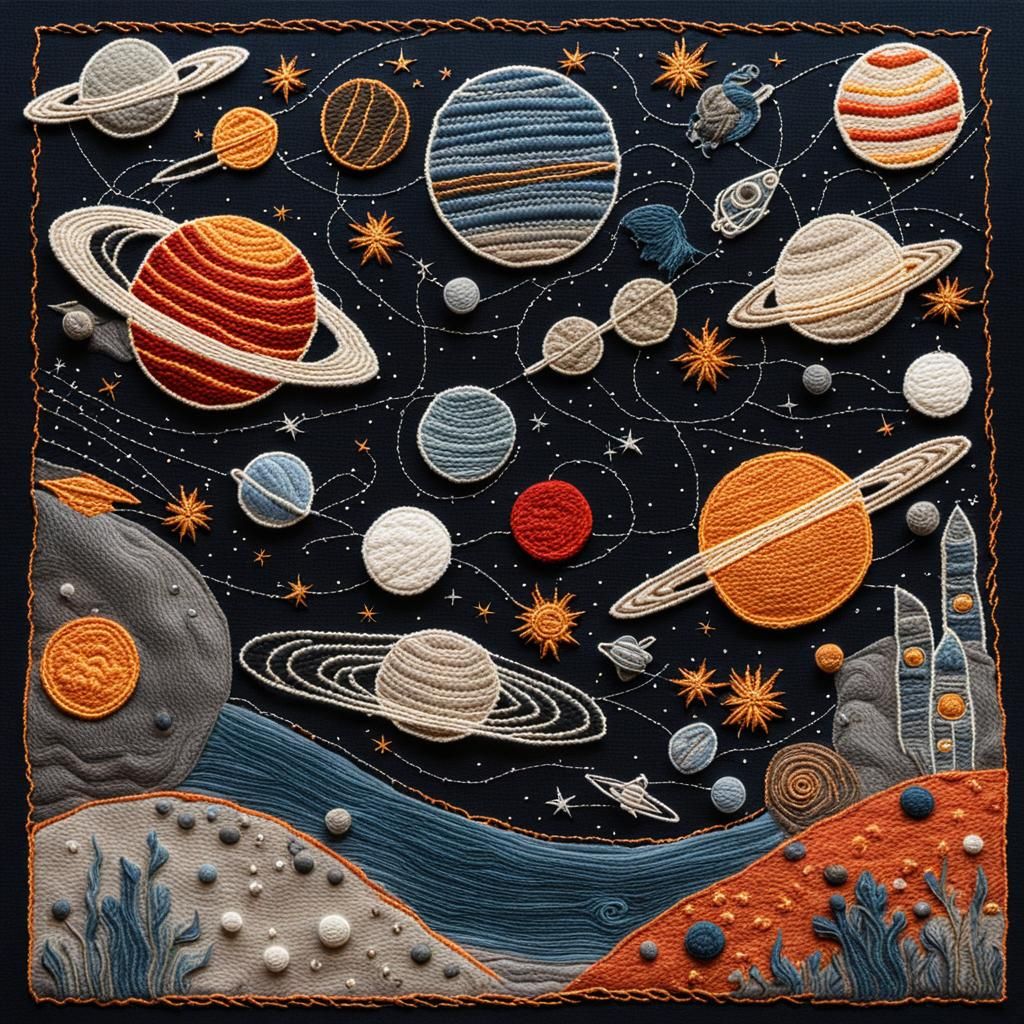 Embroidered Space Opera Scene with Planets