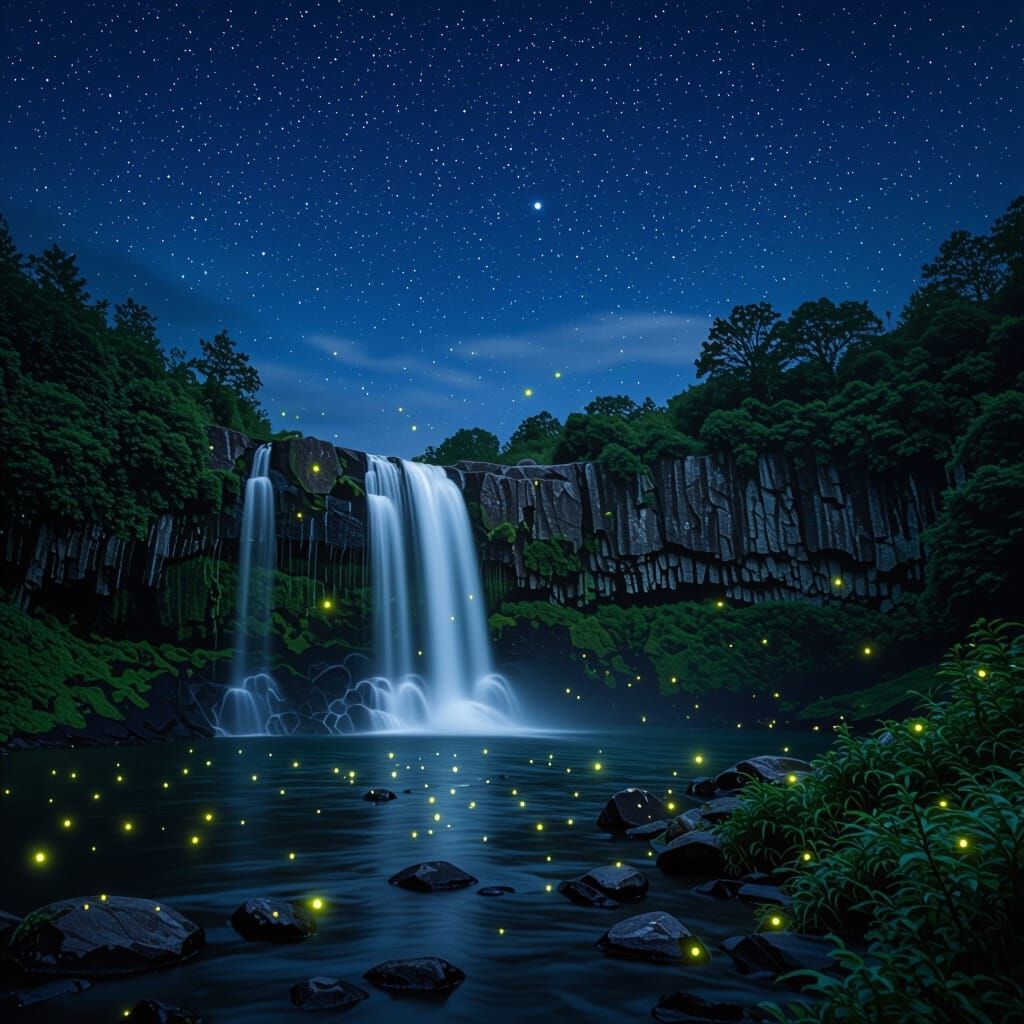 Magical Night Waterfall with Swirling Fireflies