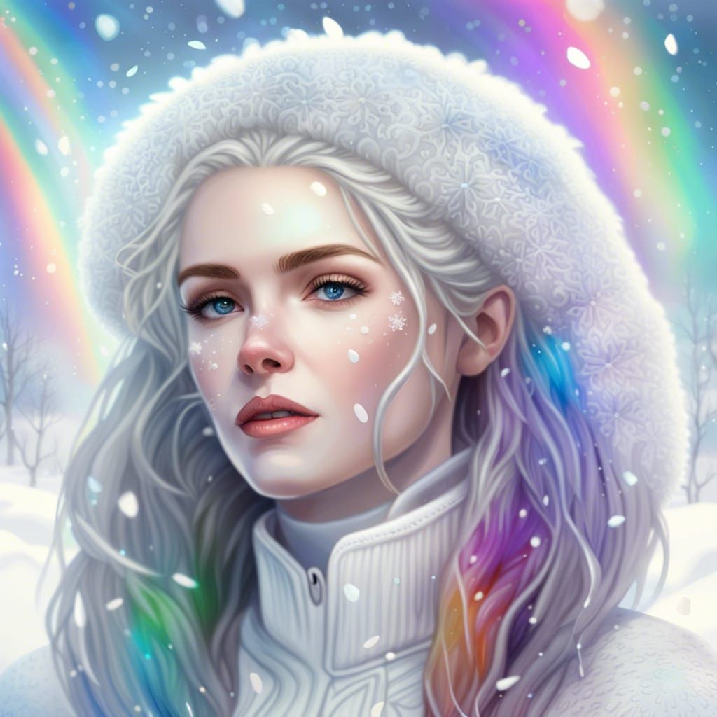 Pale Woman in Snowy Field with Rainbow