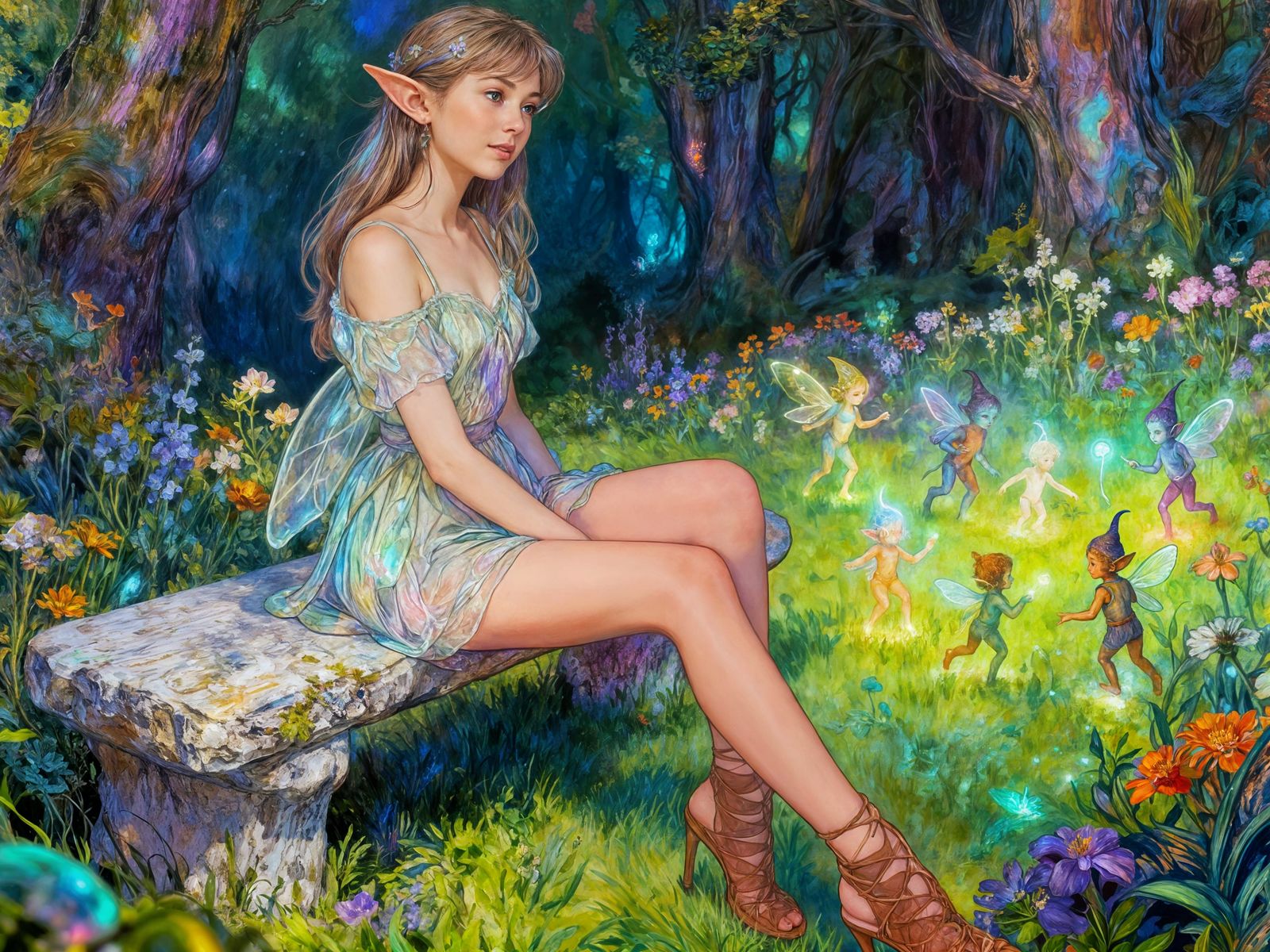 Elven Girl and Glowing Imps in Enchanted Clearing