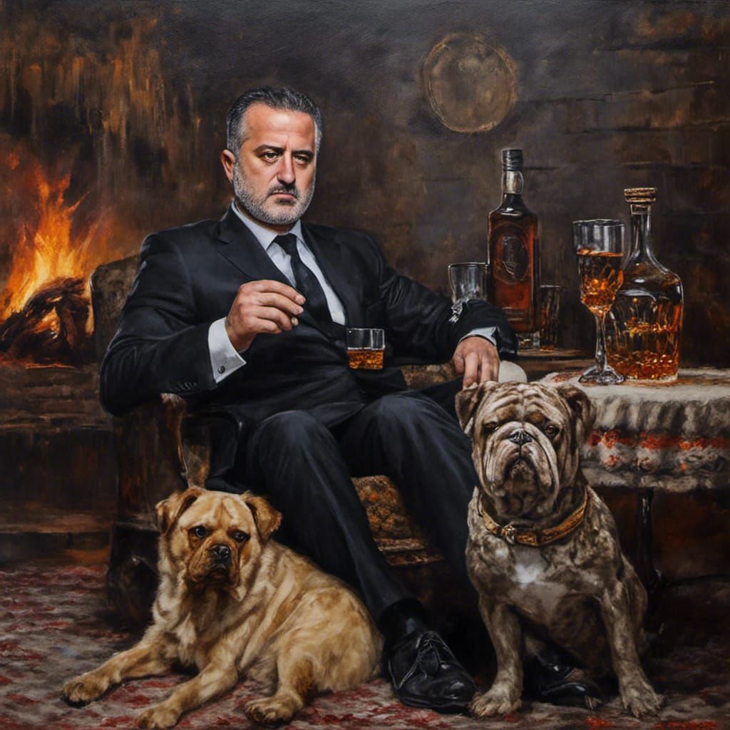 Mafia Man with Bulldog, Oil Painting Style