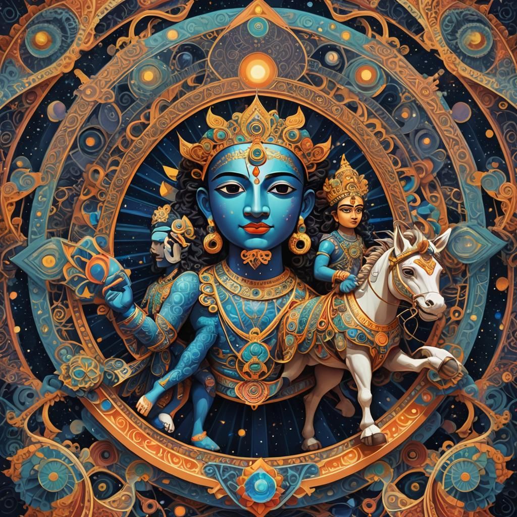 Krishna and Arjuna in Cosmic Chariot, Surreal Digital Art
