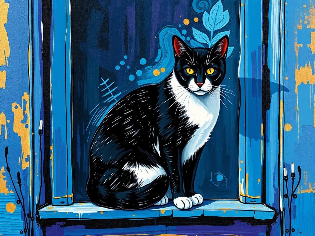 Abstract Expressionist Oil Painting of a Black and White Cat...