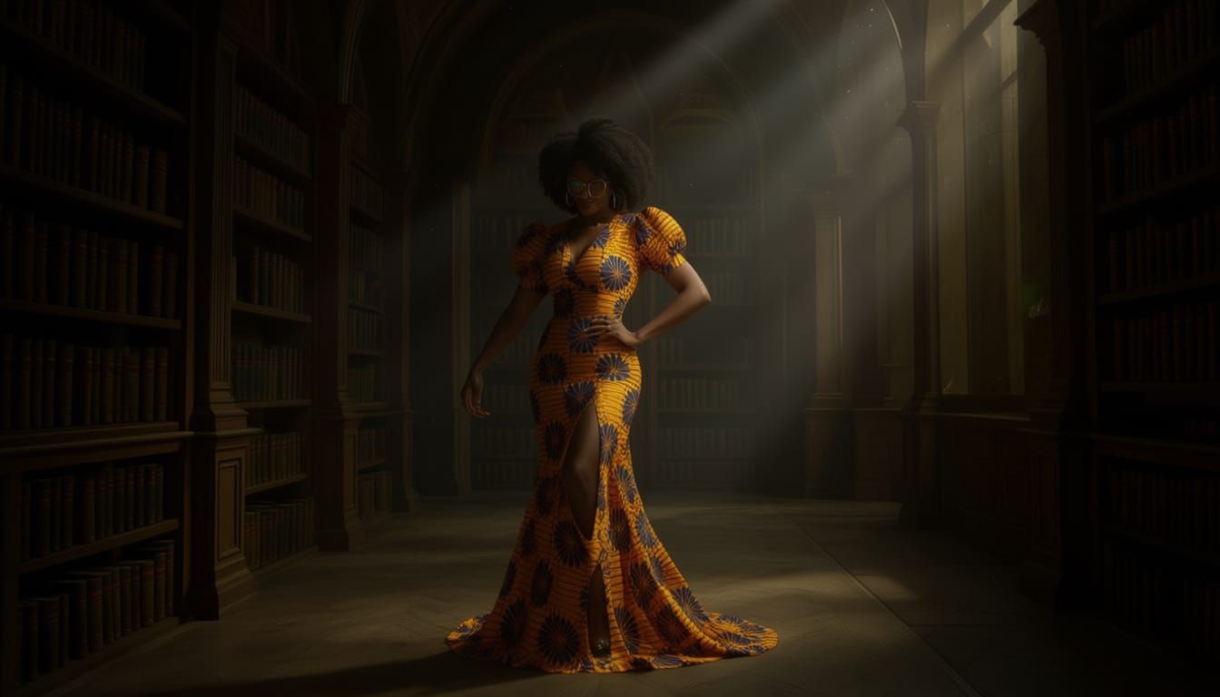 Mysterious Woman in Avant-Garde Gown in Forgotten Library