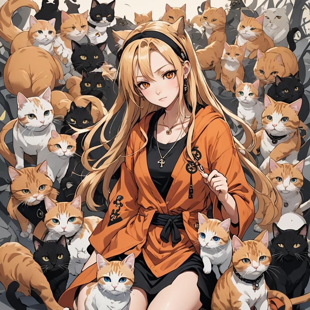 Anime-Style Tattooed Woman Surrounded by Cats