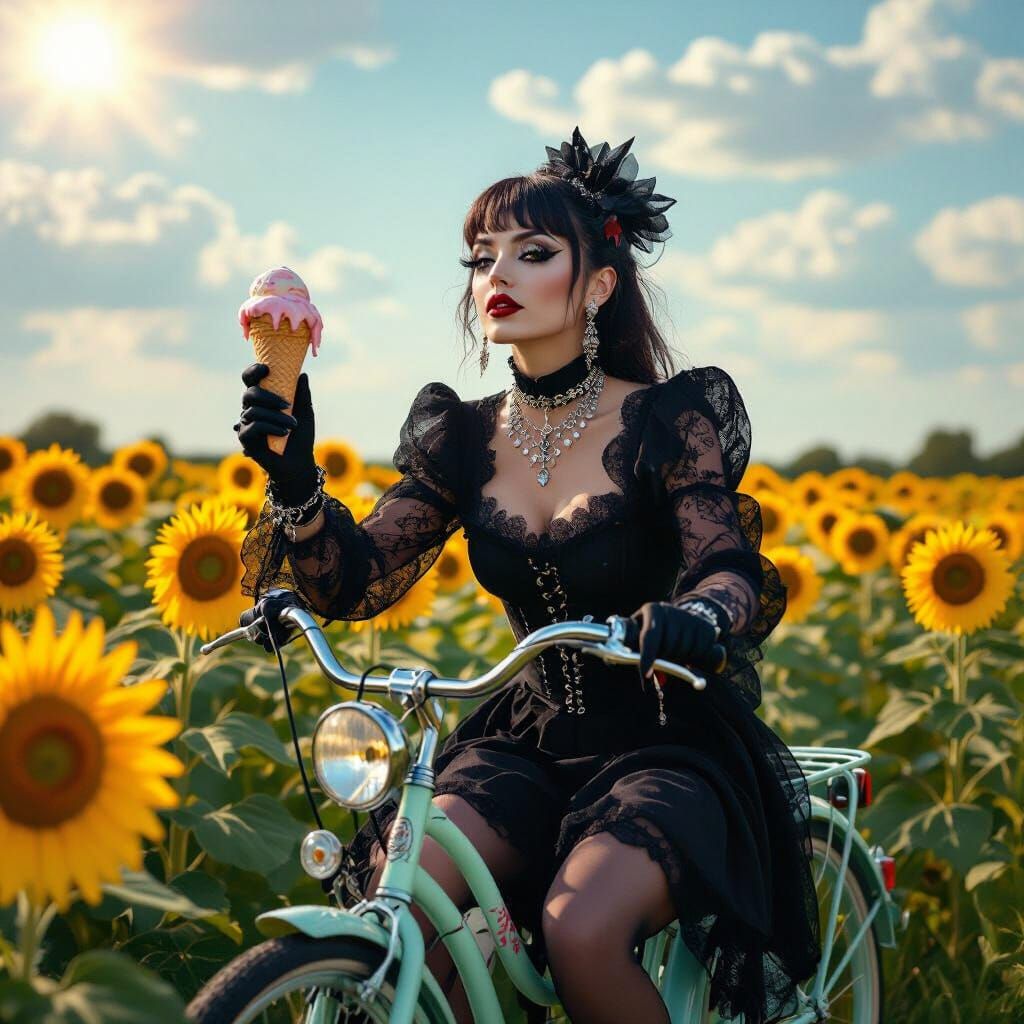 Gothic Figure Rides Pastel Bike Through Sunflowers