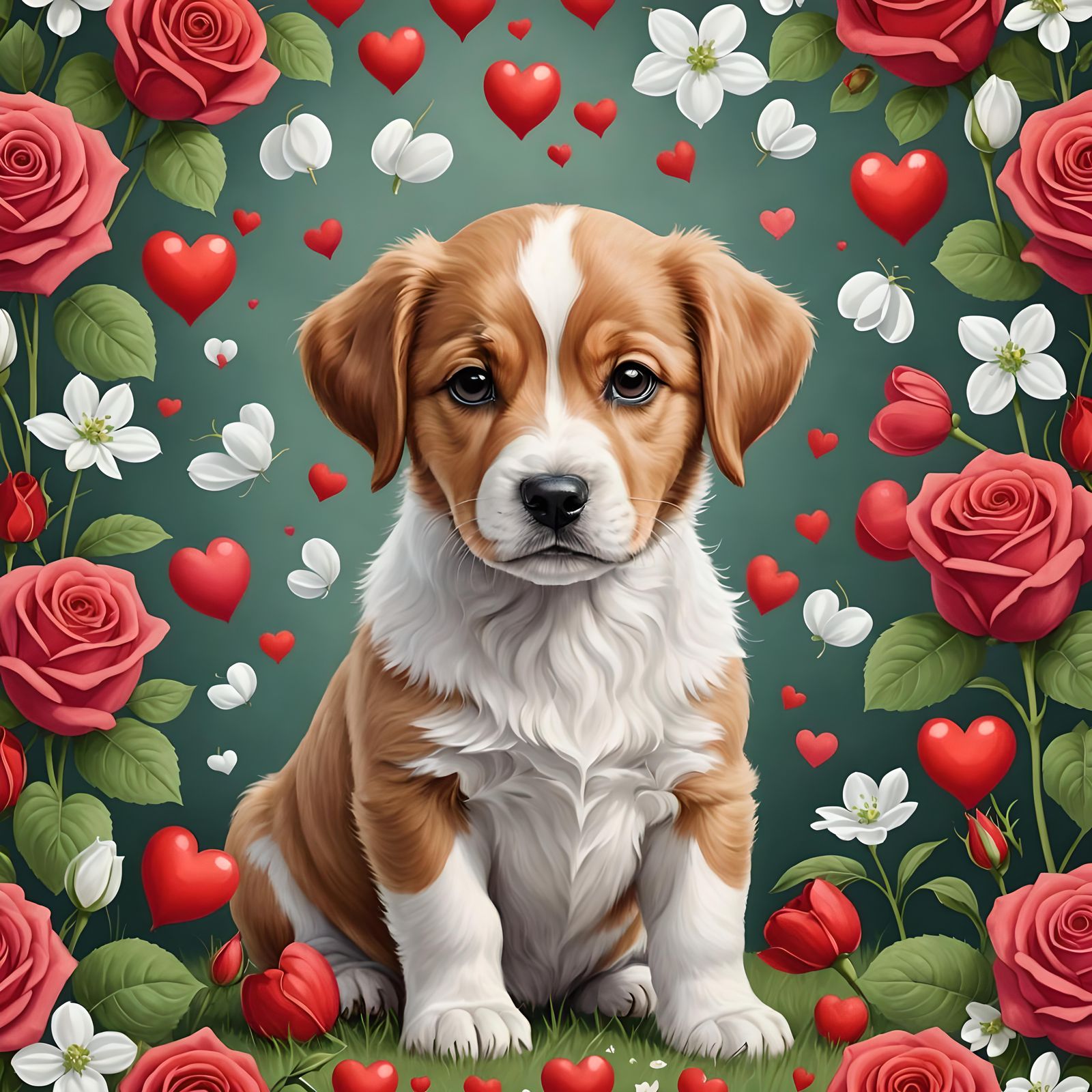 Cute Dog Surrounded by Hearts and Flowers