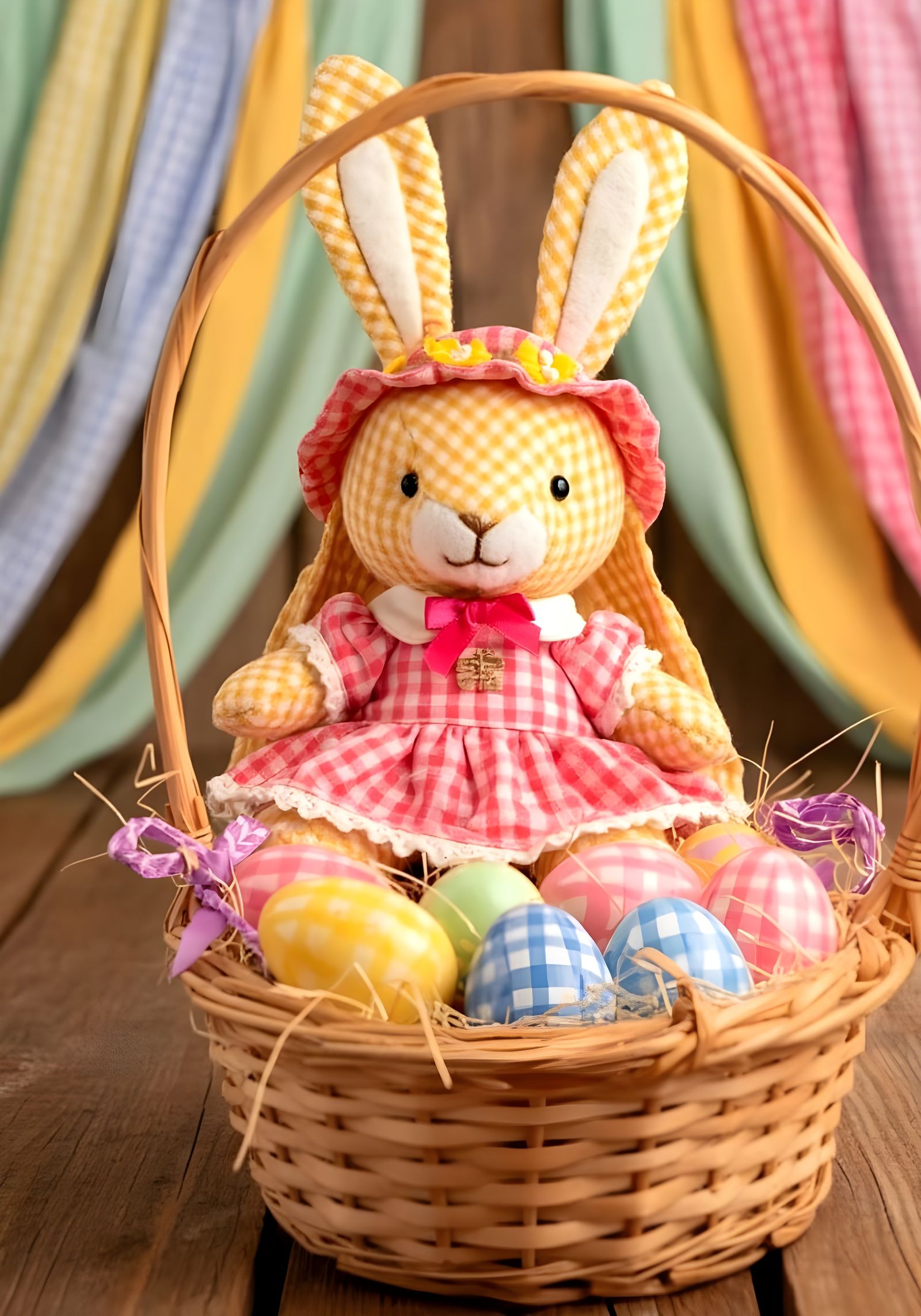 Whimsical Gingham Easter Bunny in Elegant Japanese Style