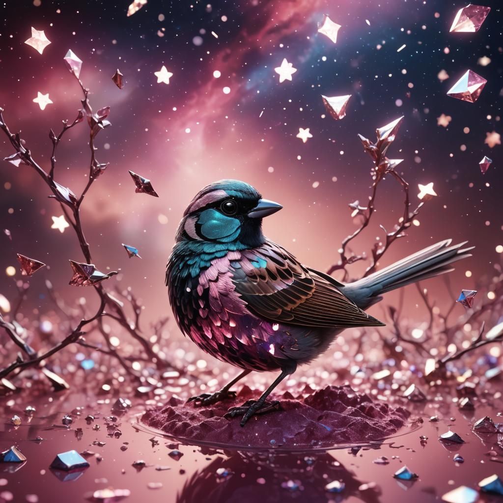 Glass Sparrow Soaring in Pink Starry Space