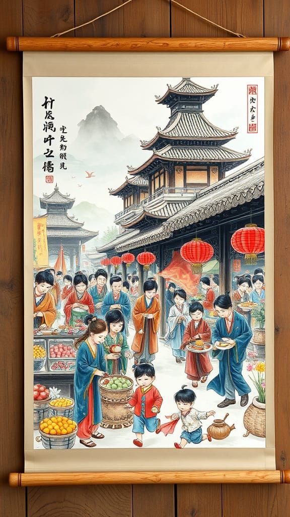 Ancient Chinese Market Scene in Gongbi Style