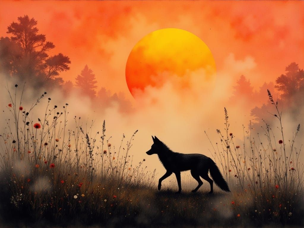 Fox Silhouette in Misty Meadow at Sunrise