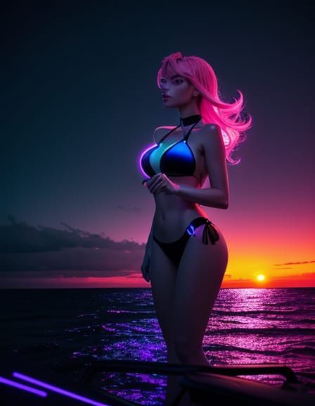 Surreal Digital Beachscape with Neon Lights and Glowing Wave...