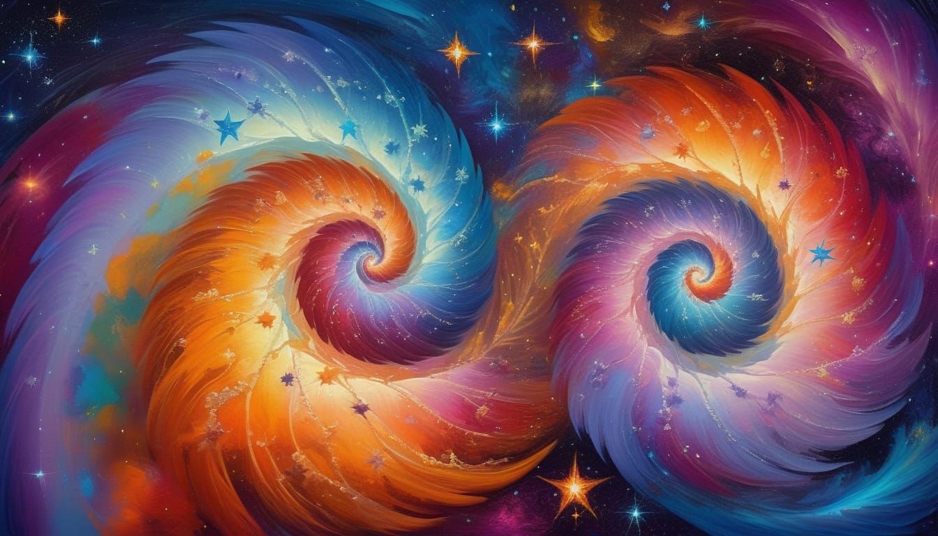 painting of a spiral with stars and swirls in a colorful bac...