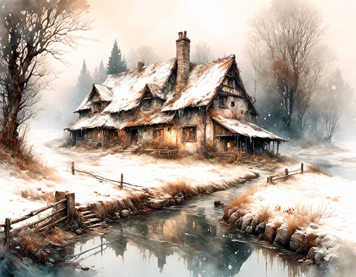 Cozy Winter Cottage by Stream in Watercolor