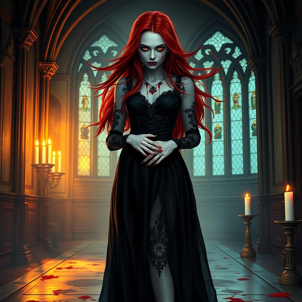 Gothic Vampire in Candlelit Castle Hall