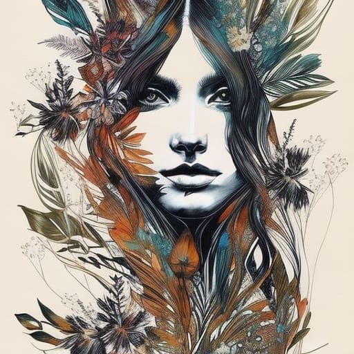 Whimsical Floral Portrait in Chiaroscuro Style