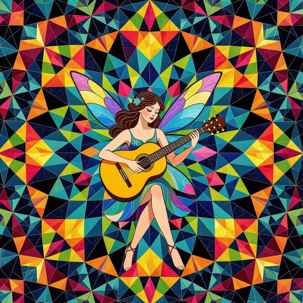 Abstract Fairy Lute Player in Kaleidoscope Style