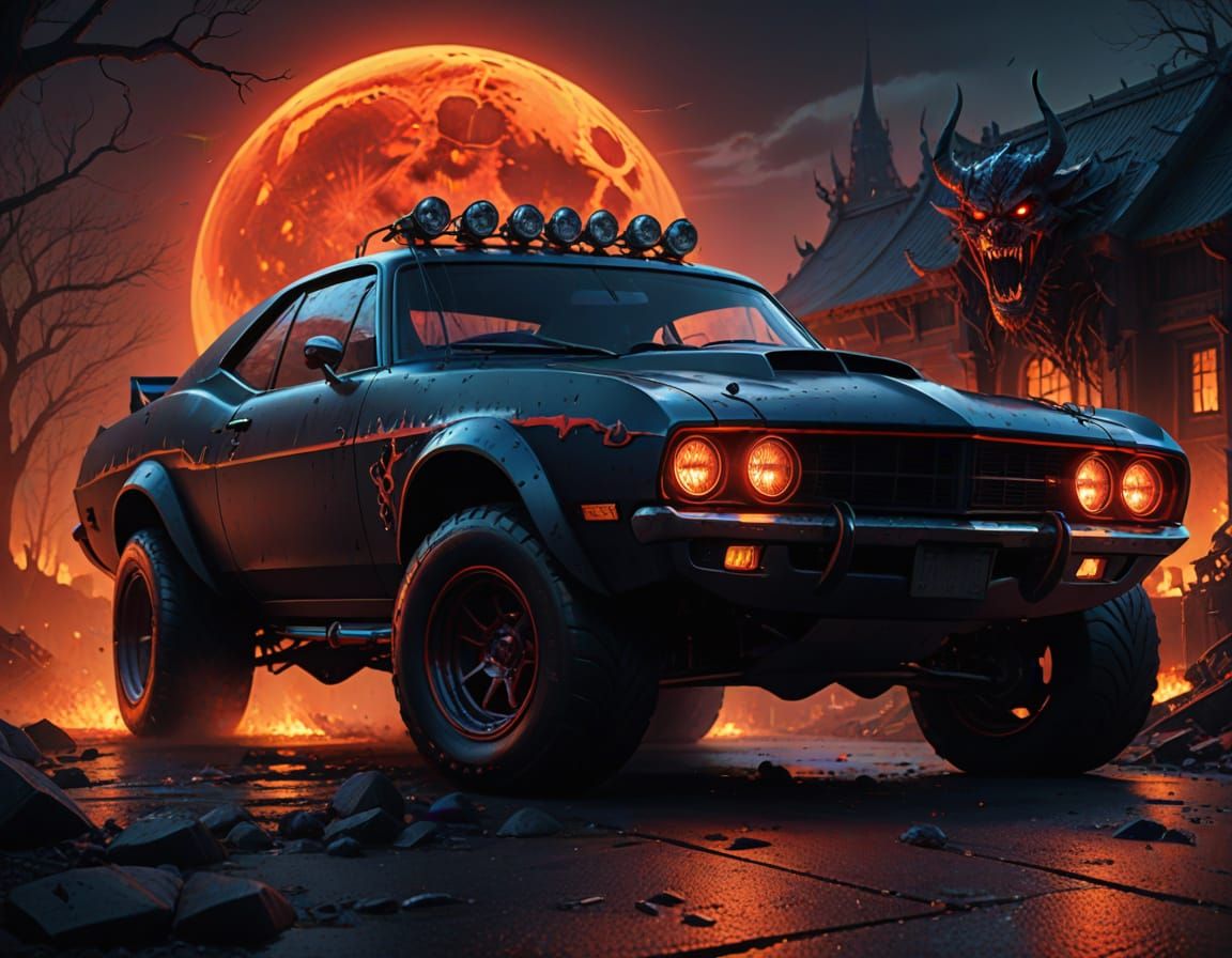 Dark Fantasy Muscle Car with Piercing Red Headlights and Raz...