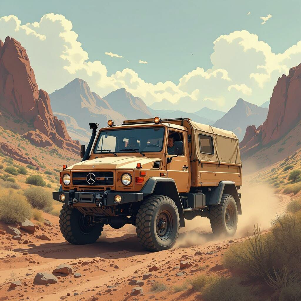 Vintage Unimog Off-Roading: Stylized Landscape