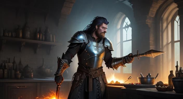 Medieval Blacksmith at Forge in Dark Fantasy Art Nouveau