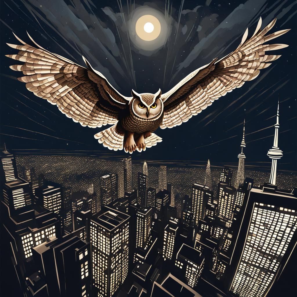 Owl Soaring Over Toronto in Art Deco Style