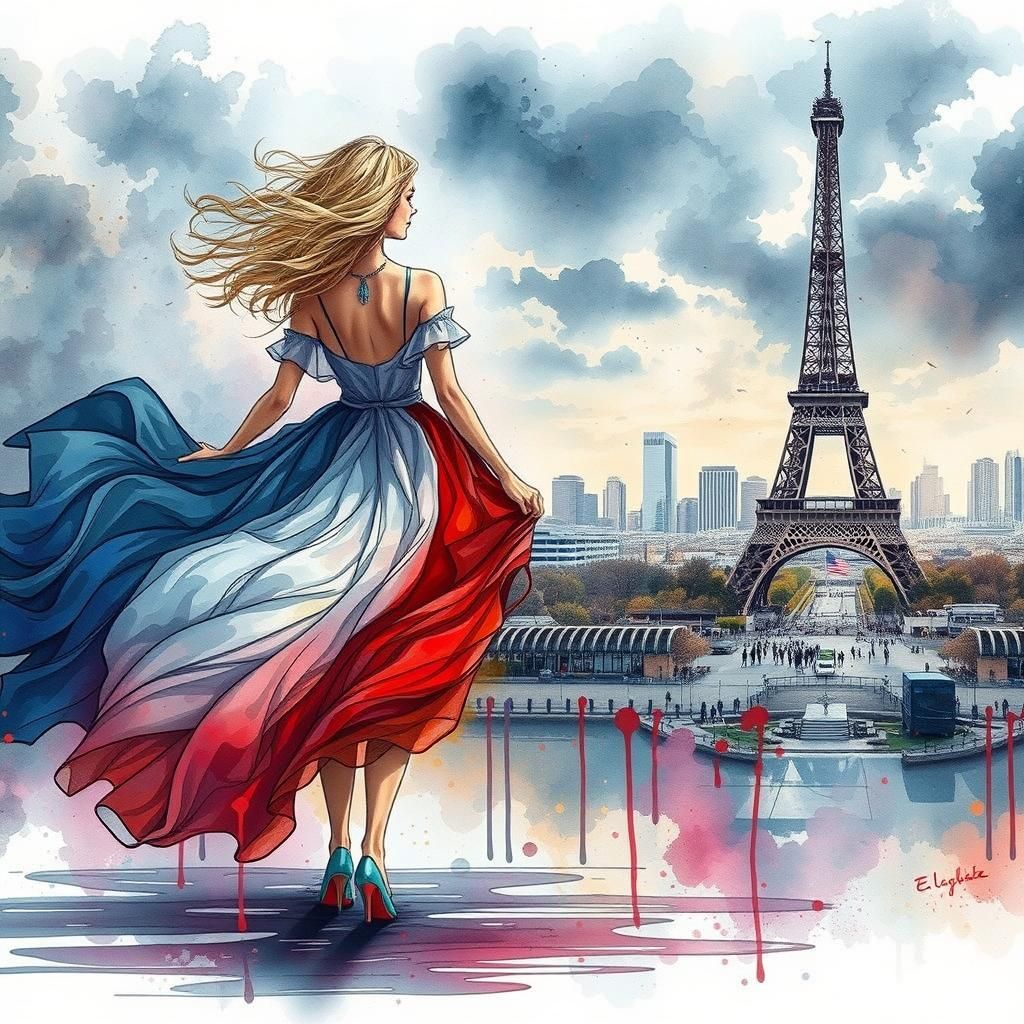 French Flag Dress in Paris: Watercolor Style