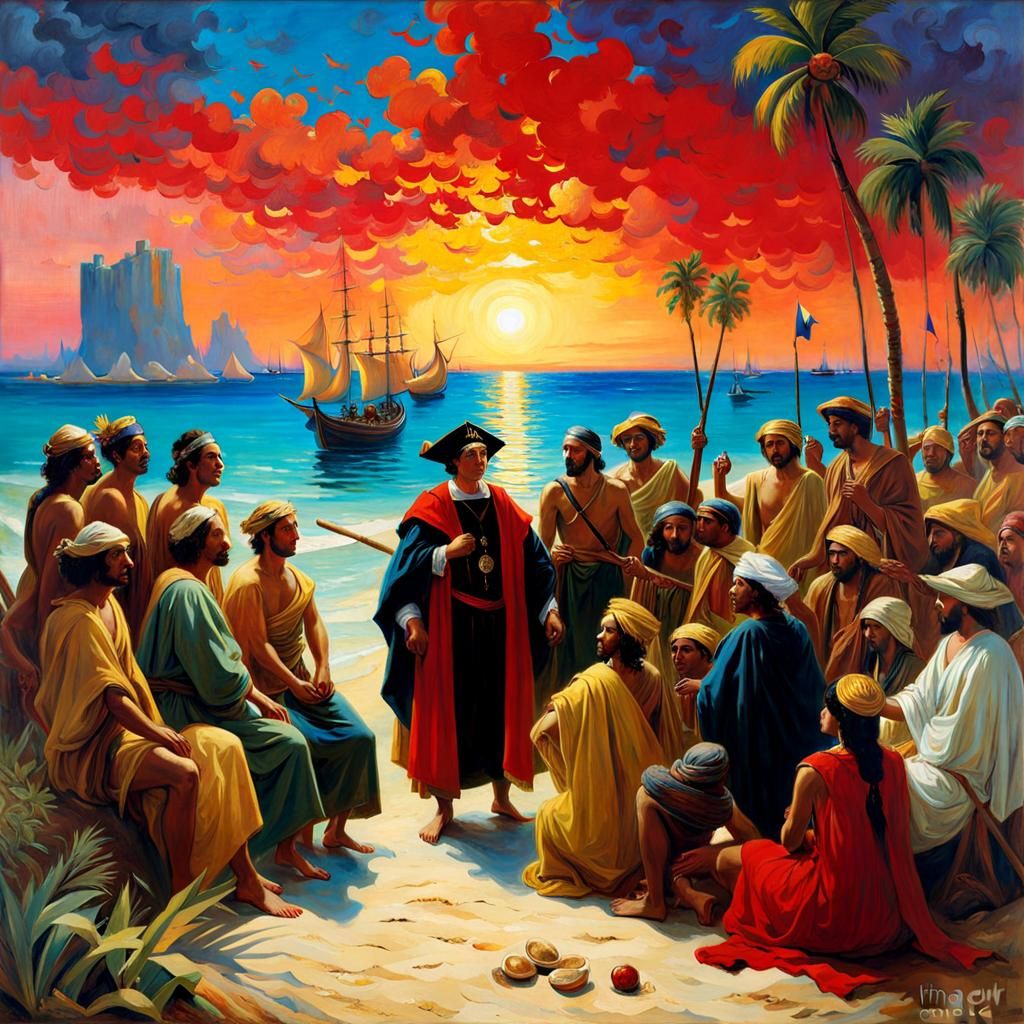 Christopher Columbus on an oasis island surrounded by members of a native tribe
