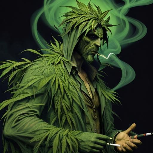 smoke man made of weed plants fly proboscis face saint of sinners meets Swamp thing materializing out of a cigarette joh...
