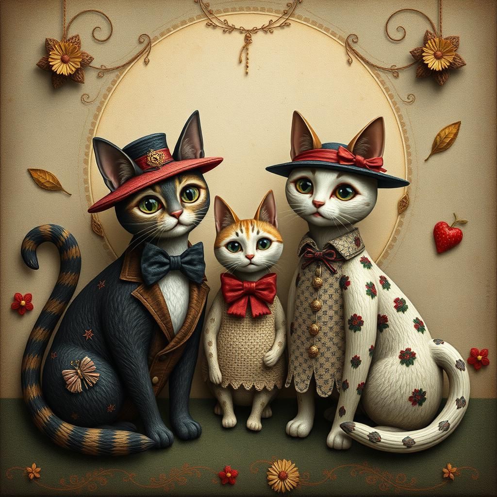 Whimsical Cats Dressed Up as Folk Art