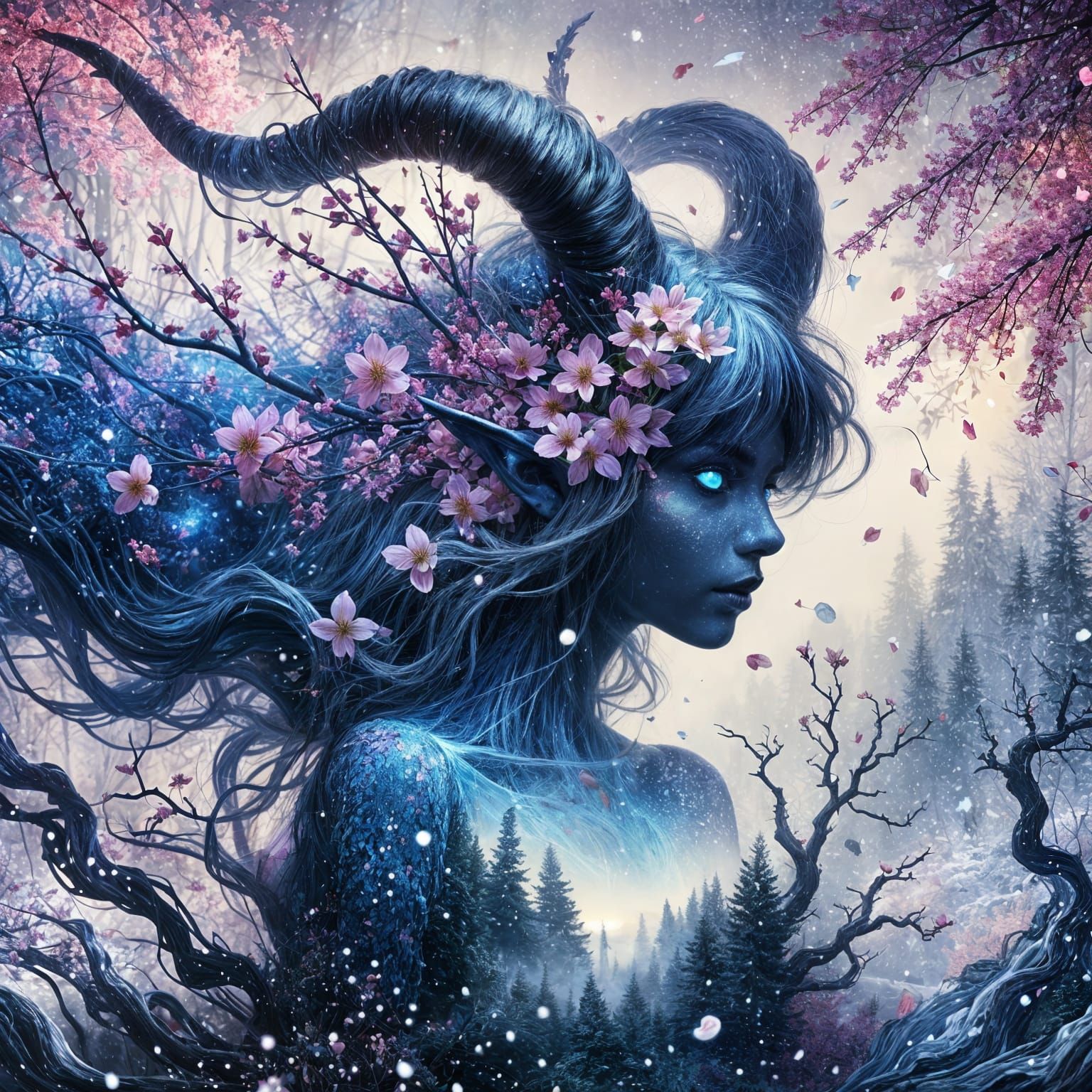 Ethereal Tiefling in Surreal Seasonal Landscape