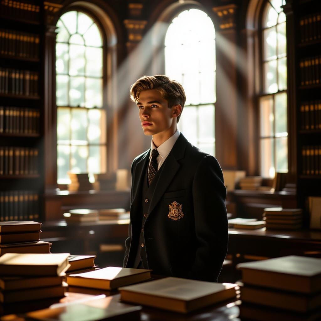 Young Man in Elegant Uniform in Nostalgic Library