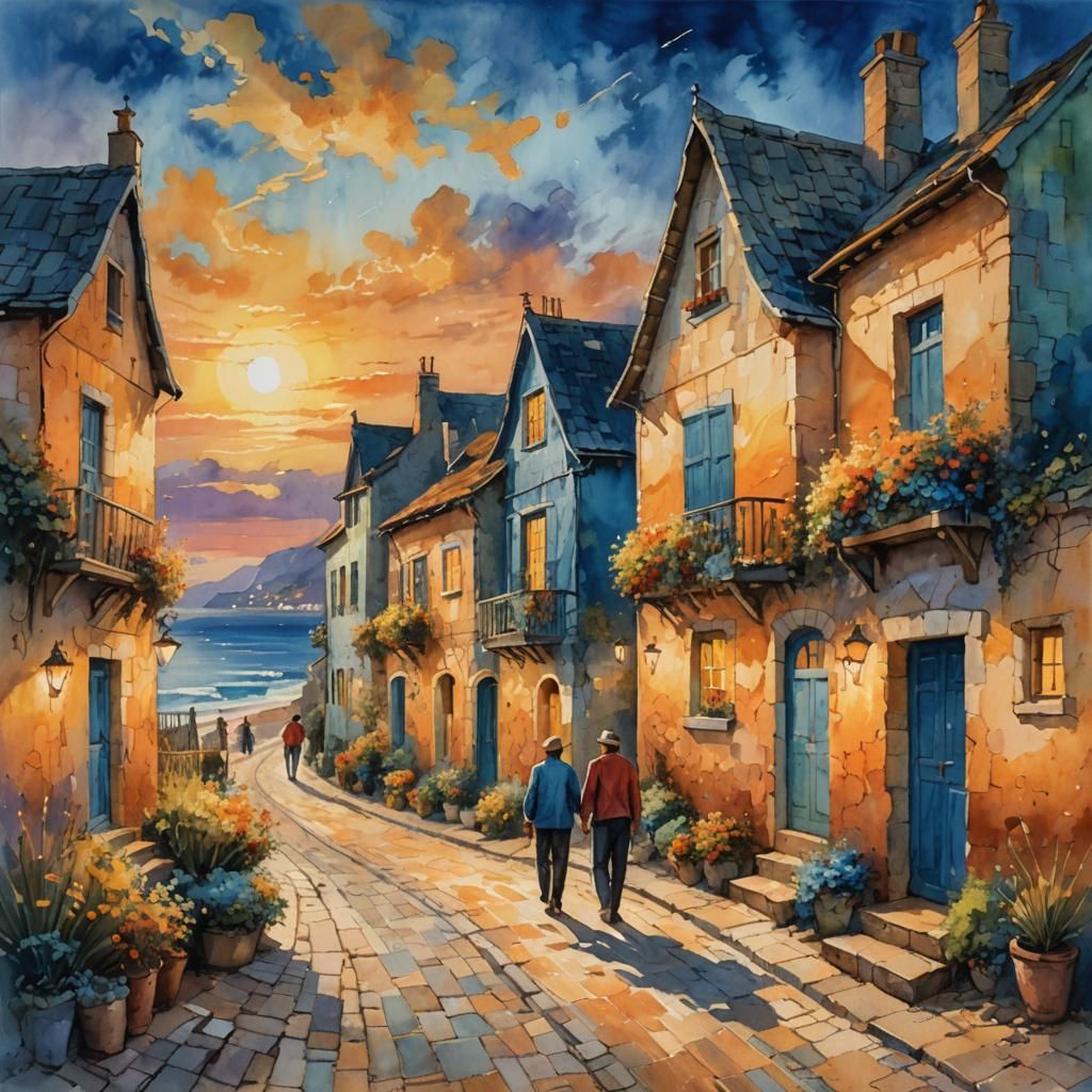 Magical Coastal Village at Twilight: Mixed Media Painting