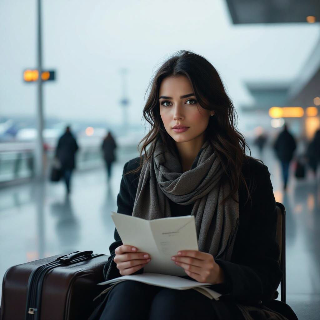 Melancholic Airport Scene with Woman Reading Letter
