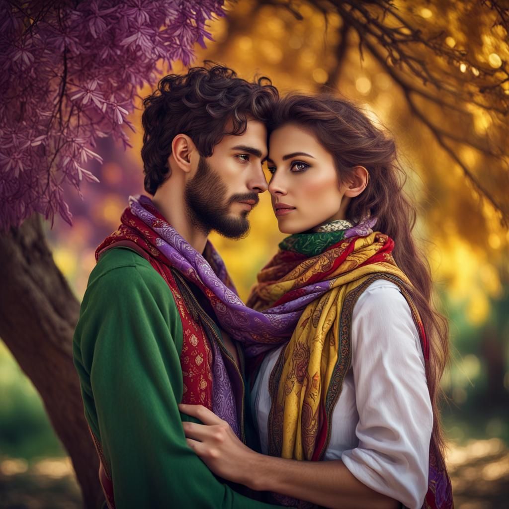 Kurdish Couple in Traditional Dress Under Violet Tree